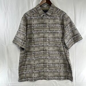 ExOfficio Button Up Shirt Mens Large Taupe Fish Turtle Print Short Sleeve